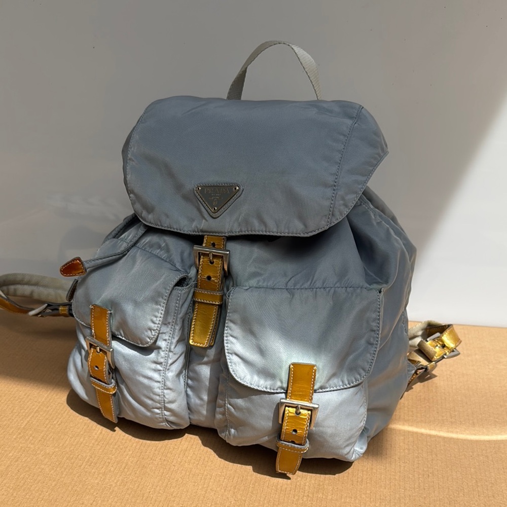 Prada Light Blue/Gray Nylon Backpack with Yellow-Tan Leather Trim